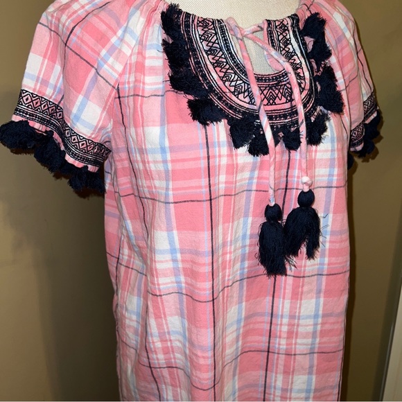 Crown & Ivy Pink Blue White Plaid Tassel Dress Short Sleeve Size 2 - Picture 3 of 10